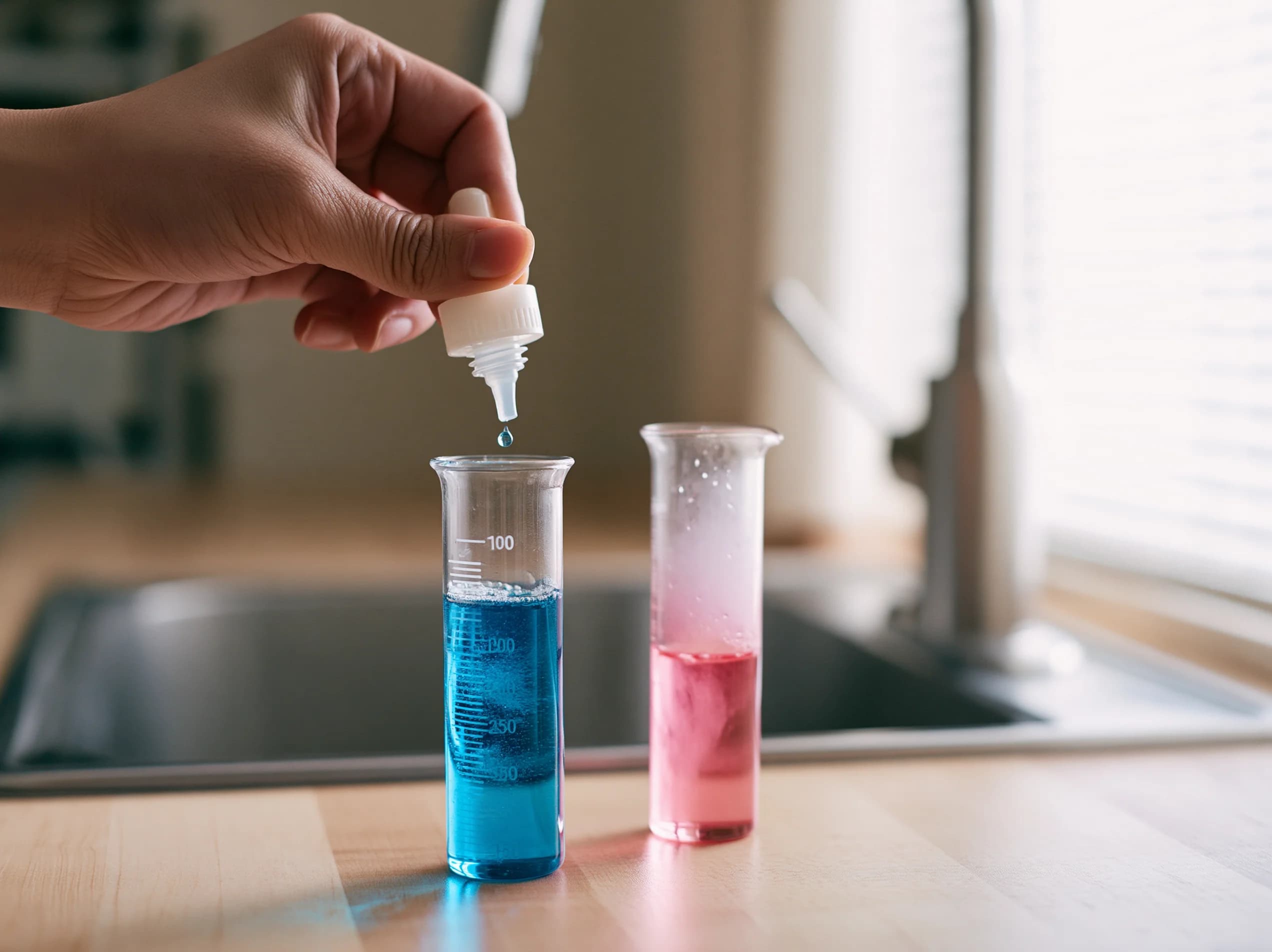 Un technicien dose un réactif dans une éprouvette pour mesurer la dureté de l'eau