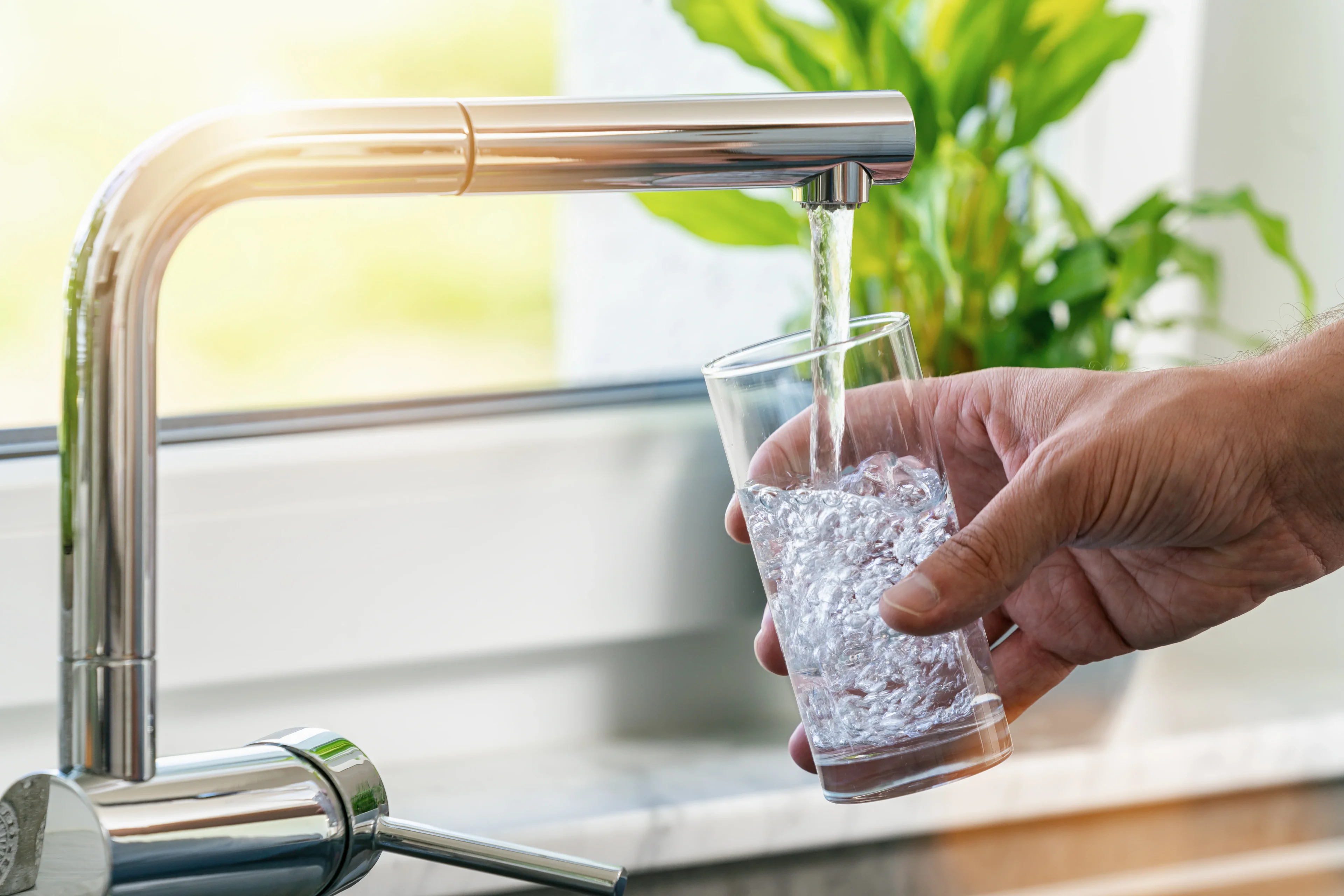 Verre d'eau se remplissant sous un robinet de cuisine, en plein jour